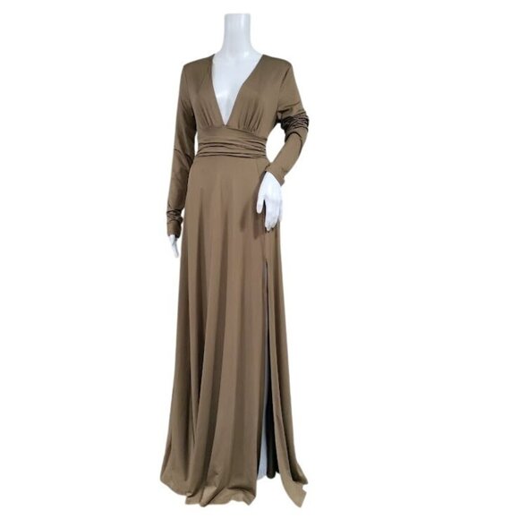 Dress Day Dresses & Skirts - Dress Day Long Sleeve Slit Boho Whimsy Cocktail Formal Maxi Dress Nude Large